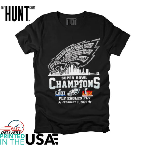 Philadelphia Eagles Super Bowl Champions 2025 fly Eagles fly player name logo shirt